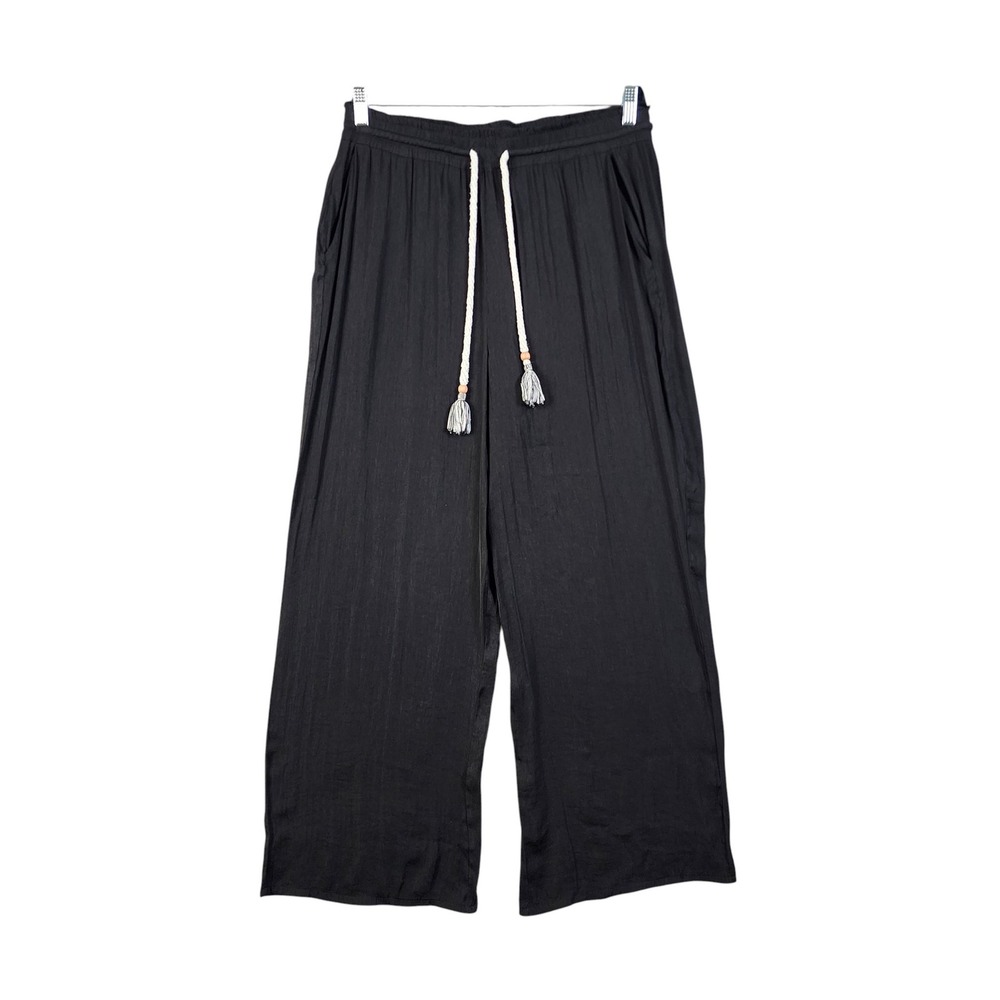 Joie Womens Satin Wide Leg Pants Size Large Black Flowy Rope Drawstring Waist